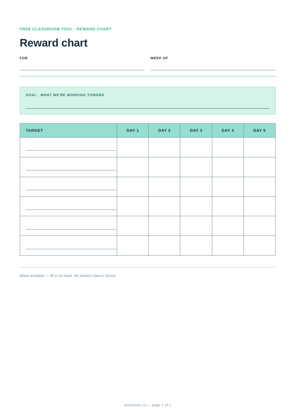 Preview of the Reward chart blank template