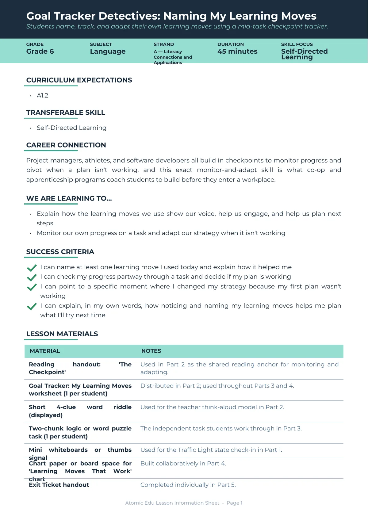 Lesson Information Sheet — page 1